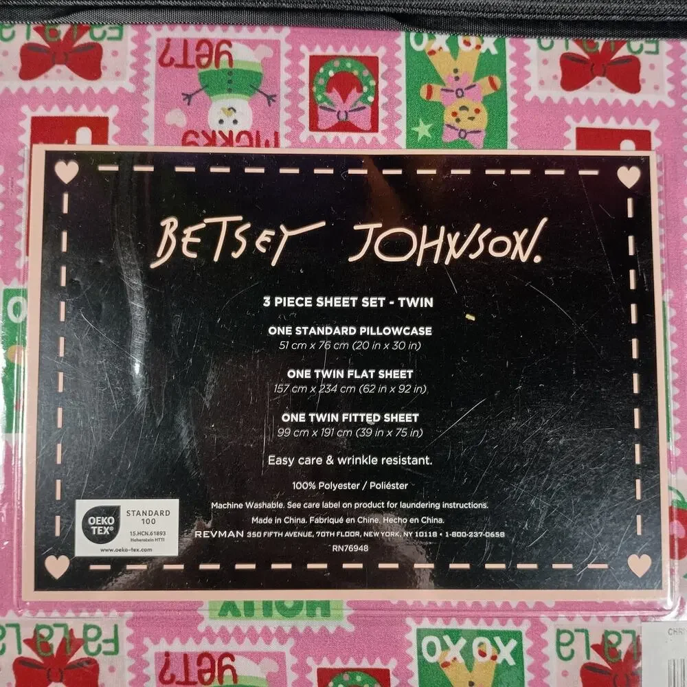 Betsey Johnson Sheet Set Twin Pink Holiday‎ Christmas